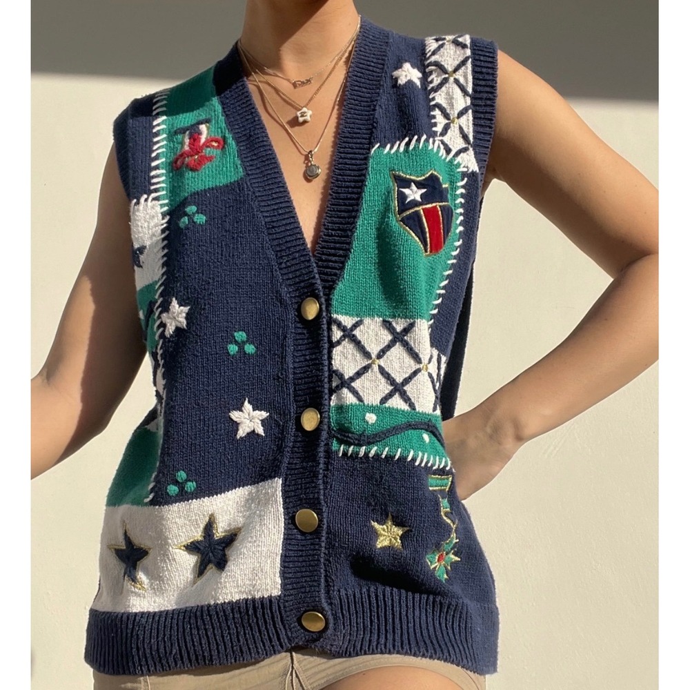 Vintage Koret Sport Patchwork Knit Sweater Vest Navy Blue Green Stars‎ XL